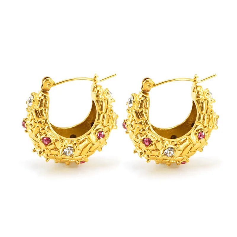 Qiuhan Stainless Steel Premium Sense Inlaid 18K Vacuum Plated Gold Earring Zircon Personality Delicate Hoop Earrings