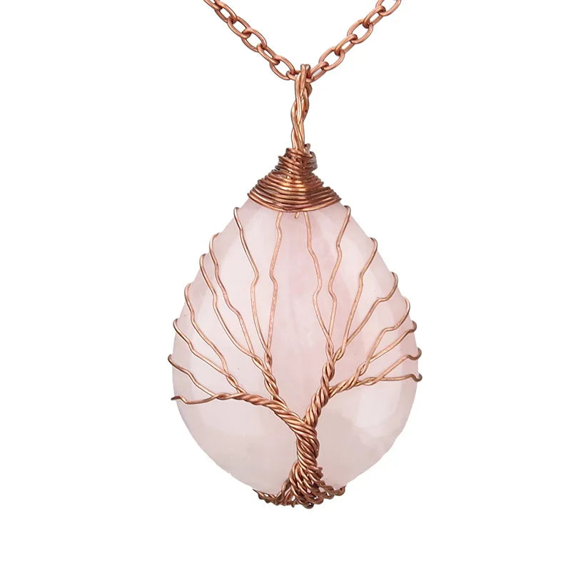 Natural Stone Tree of Life Necklaces Handmade Pendants Wire Wrap Chakra Amethyst Crystal Pendant Men Women Jewelry
