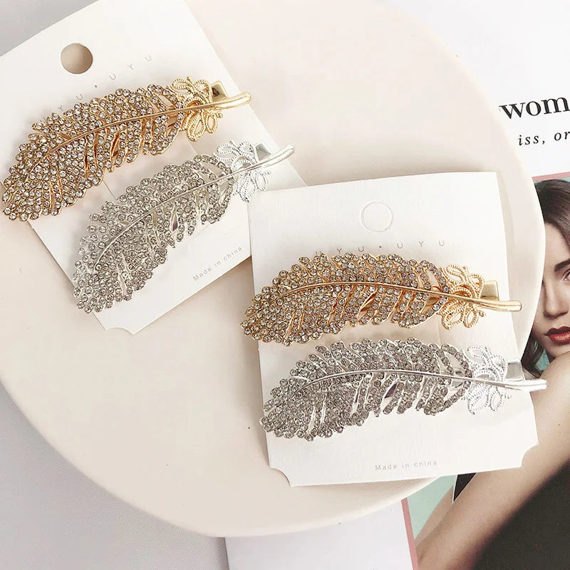 Fashion Diamond Set Feather Alloy Hair Clip Super Elegant Duck Bill Clip Temperament Full Diamond Edge Hair Clip