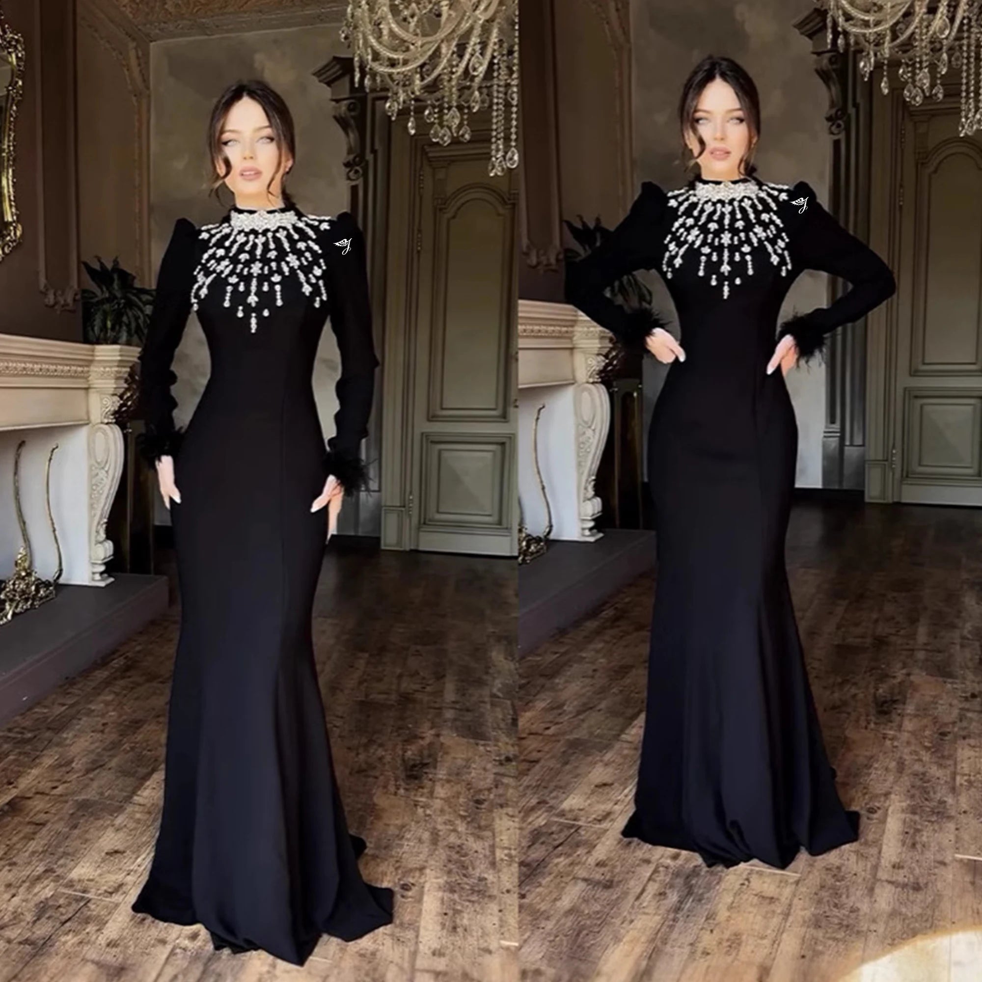 Brand Customization Black High Collar Slim for Floor-Length Spring Party Dress Rhinestone Crystal Decoration Long Sleeve