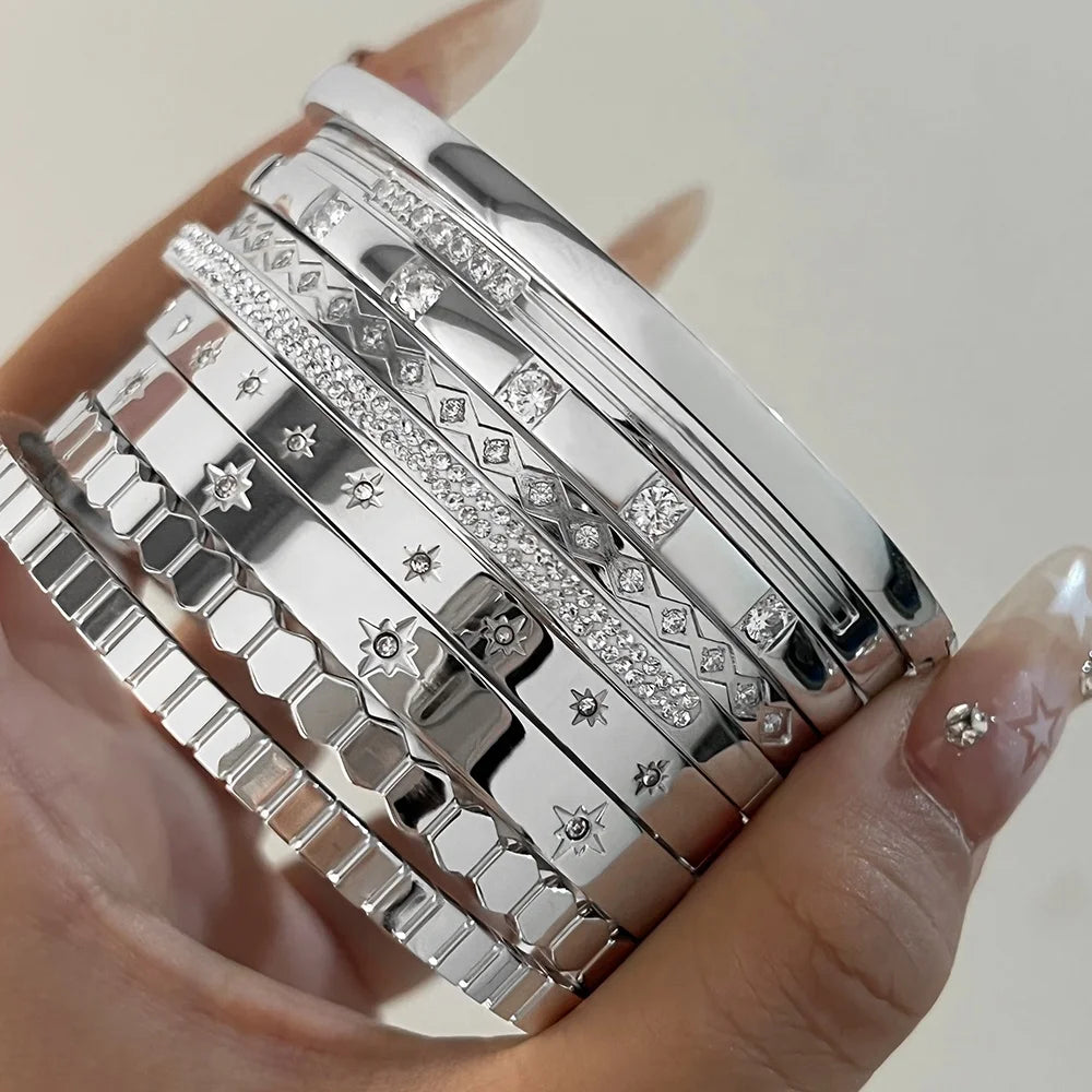 Women's Exquisite North Star Stainless Steel Cuff Bracelets Waterproof Cubic Zircon Inlaid Fashion Jearlery Bangle