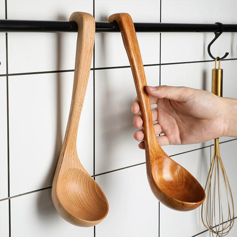 Creative Solid Nature Wooden Soup Ladle Hook End Design Long Handle Water Porridge Scoop Kitchen Utensils Gadgets Home Tableware