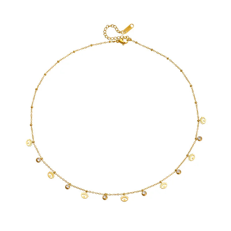 Minimalist Tarnish Free 18k Gold Plated Turkish Evil Eyes Stainless Steel Pave CZ Tassels Necklace Wedding Jewelry