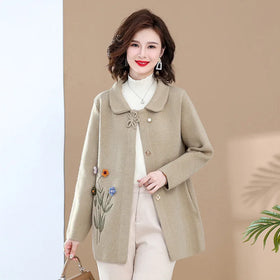 L-XXL Autumn 3D Jacquard Coat Mid Length Noble Women's Lapel Top Single Breasted Middle-aged Women's Woolen Coat