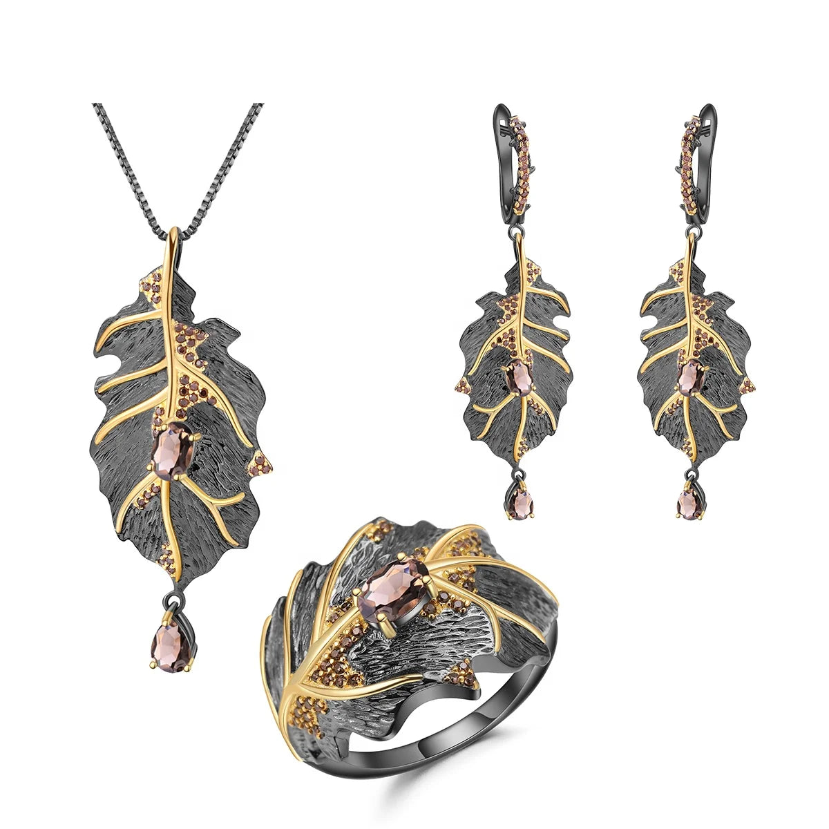 C7551 Abiding Black Gold Plated Maple Leaf Design Natural Smoky Quartz 925 Silver Dubai Jewelry Sets Jewellery