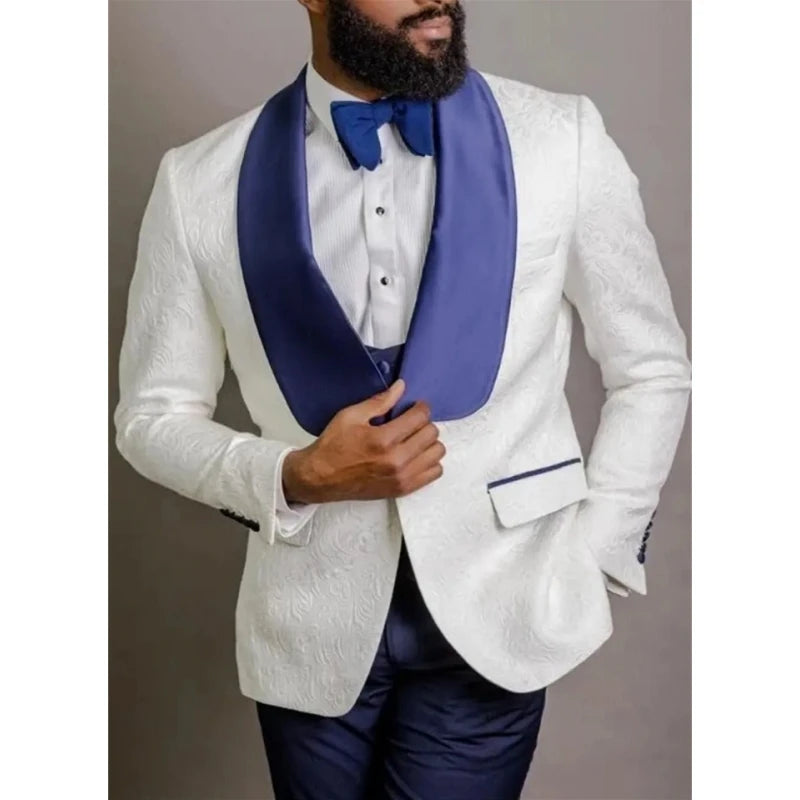 New White Floral Jacquard Shawl Lapel Groom Men Suits Wedding Elegant Homme Groomsman Tuxedos 3 Pieces (Jacket+Vest+Pant)