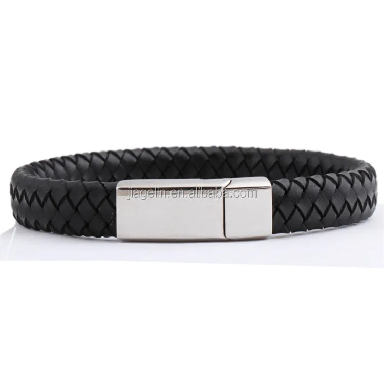 New Arrival Handmade Bangles Mens Stainless Steel Men's Charm Leather Bracelet