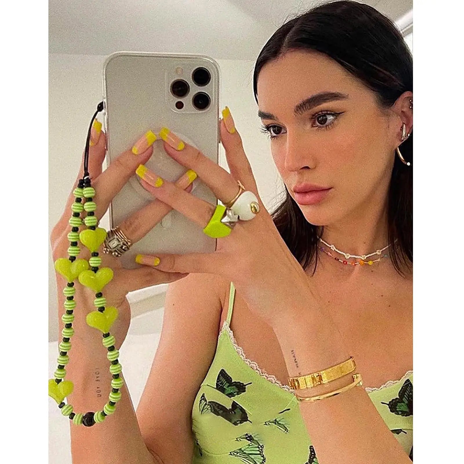 Beaded Phone Charm Fashion Acrylic Phone Lanyard Wrist Strap Heart Clay Beads Chain Anti Lost Women Phone Chain Keychain