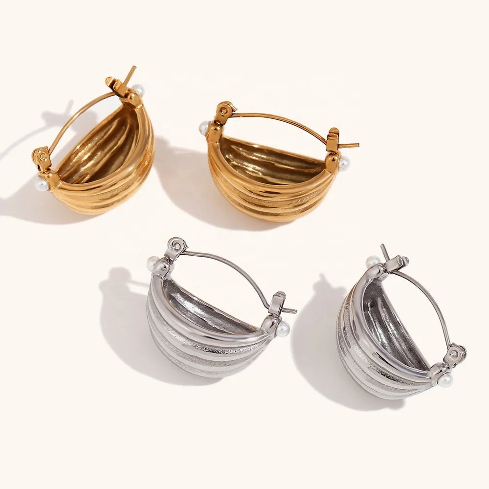 Dingran Latest Design Trendy Multilayer Boat Shape Hoop Earrings Gold Plated Stainless Steel Pearl Earrings