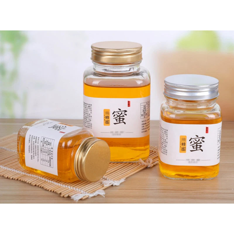 De Miel Jam Pickler En Verre Pour Sauce Jam Glass Container Bottles Glass Pickle Jar Square Honey Pot With Gold Lid