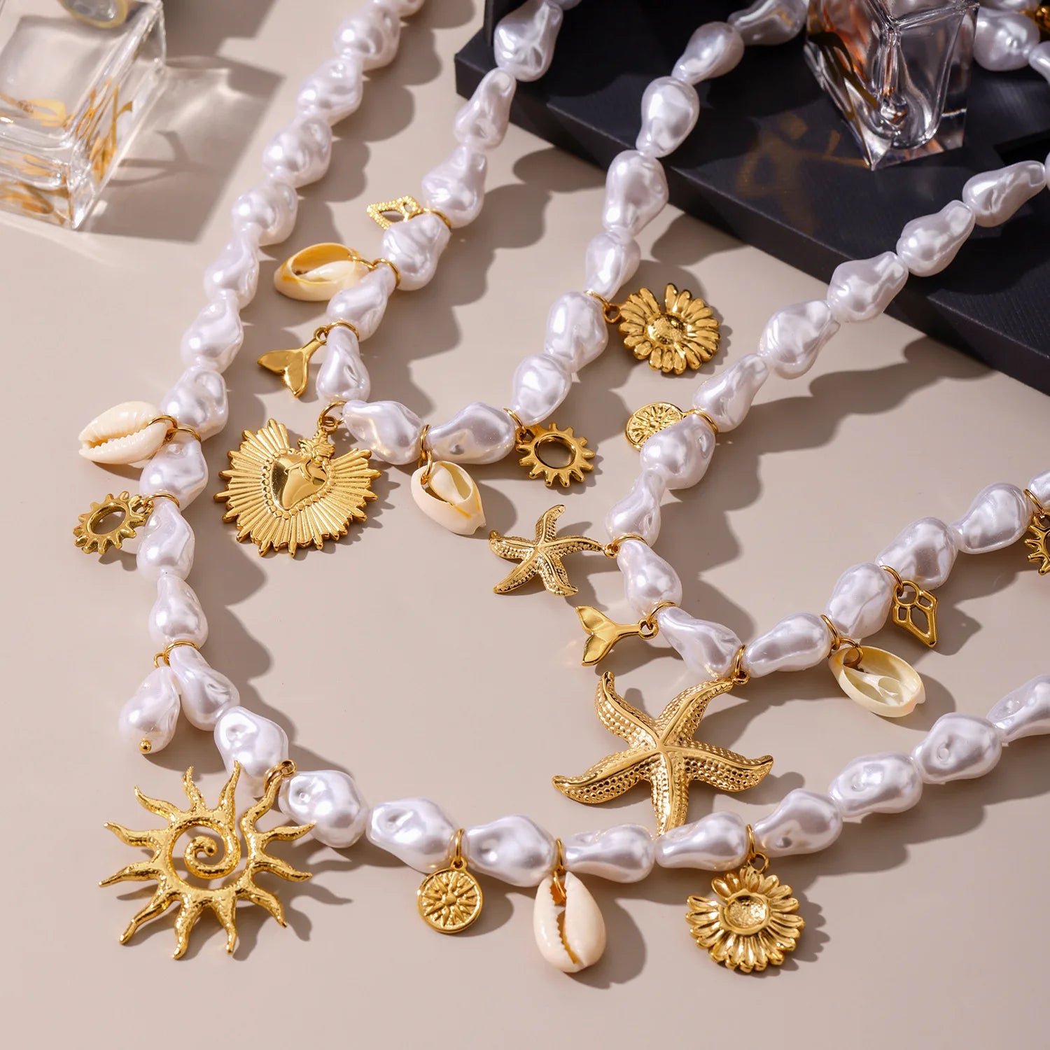 Bohemian Stainless Steel Pearl Beaded Necklace Holiday Ocean Style Sea Star Fishtail Shell Personality Chokers Necklaces