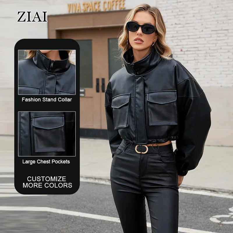 2025 New Design Wholesale Custom Oversize Crop Pocket Women Leather Jacket Ladies Short Plus Size  PU Leather Jacket