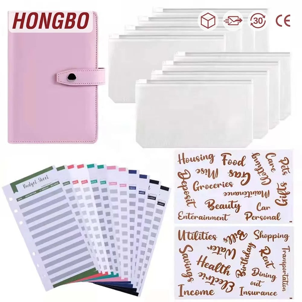 Logo 6 Ring A6 PU Spiral Business Planner Binder Book 8 Budget Zipper Folder Bag Envelopes 12 Budget Sheets 2 Label Diary