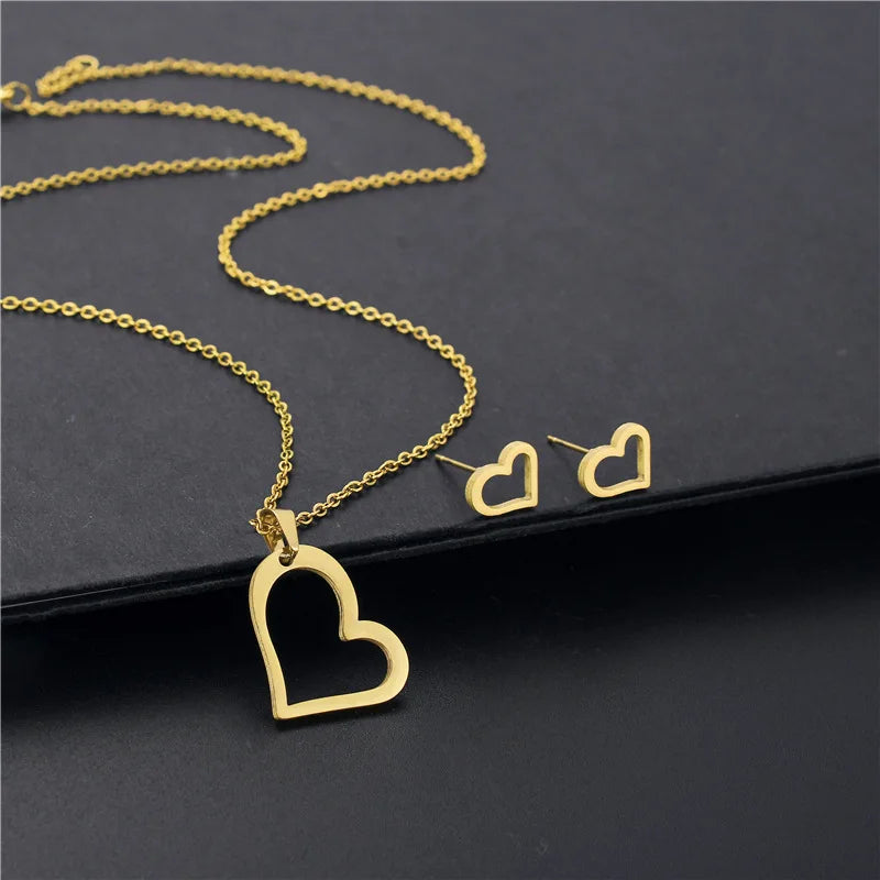 Heart Shaped Earrings Necklace Set Ornament Fashion Stainless Steel Pendant Necklace
