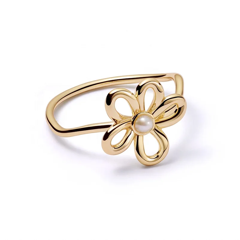 LOZRUNVE 925 Sterling Silver Gold Plated Fashion Wave Pearl Flower Ring Women