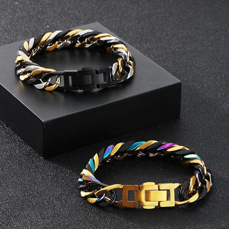 Personalized Non Tarnish Jewelry 13mm Hip-Hop 18K Gold Plating Stainless Steel Miami Curb Link Chain Bracelet for Men Bangles