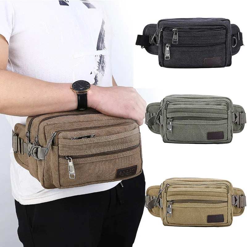 New Product Ideas Custom Small Outdoor Sport Tactical Fanny Pack Men's Khaki Canvas Bag With Zipper