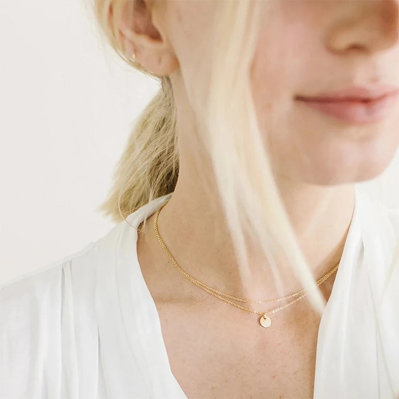 Multilayers 316L Stainless Steel  Link Chain Choker Disc Pendant Necklace