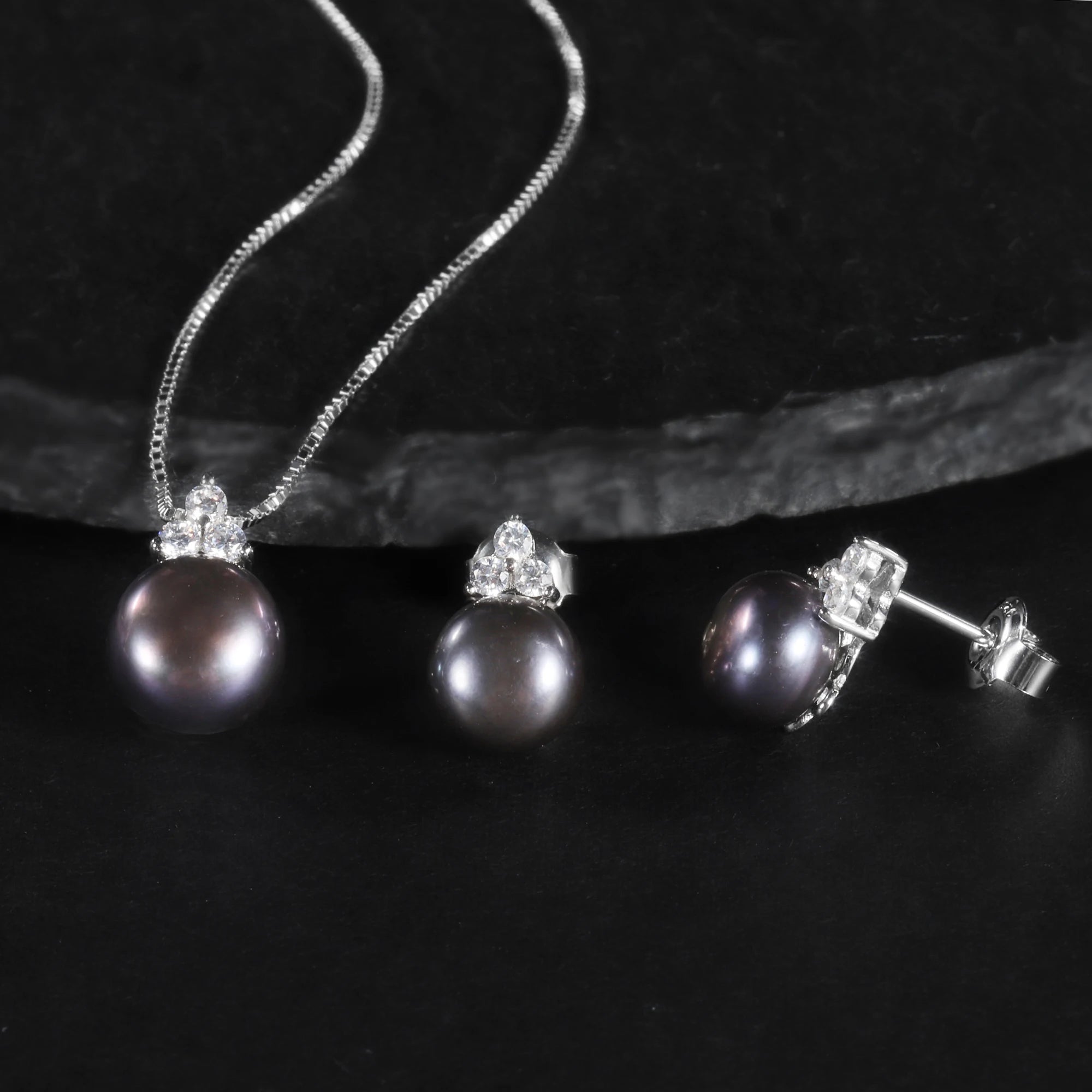D1018 Abiding Jewelry Wholesale 9mm Black Fresh Water Pearl Statement Necklace Sets Pearl Earrings Jewelry Set for Girls