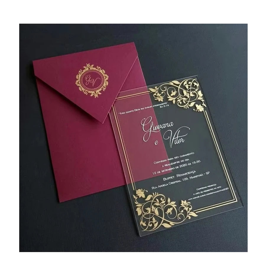 Burgundy Red 5*7inch Plexiglass Acrylic Envelope for Customized Quinceanera Party Bridal Shower Wedding Invitations De Mariage