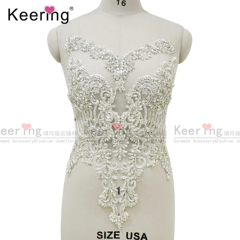 WDP-295 Fashion Silver/White Rhinestone Beaded Gown Applique Bodice Sash Applique for Party Dress