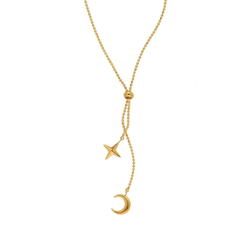 Fenny Wholesale 18K PVD Plated No Fade Elegant Long Tassel Star Crescent Pendant Adjustable Stainless Steel Necklace for Women
