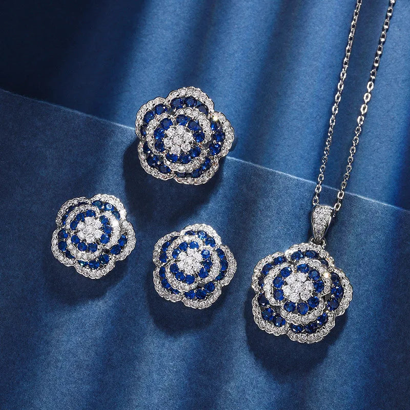 Excellent Cubic Zirconia Simulated Blue Spinel Flower Necklace Ring Earrings Brass Jewellery Set