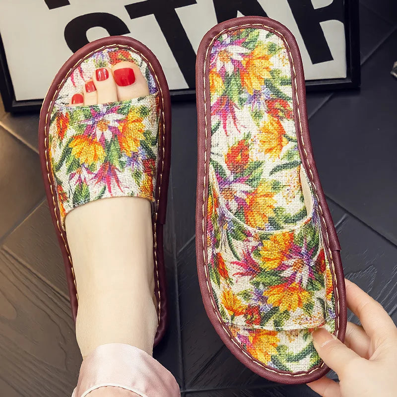 High-end fabric slippers for women and men summer home sandals with ink painting style