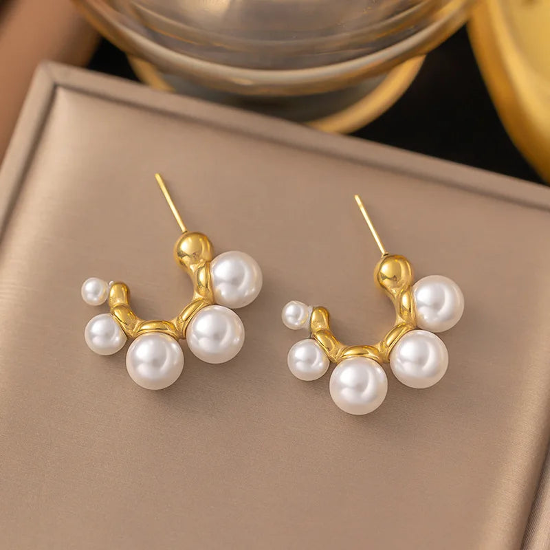 New Luxury Non Tarnish 316l Stainless Steel Pearl Earrings 18k Gold Plated C Shape Women Earrings