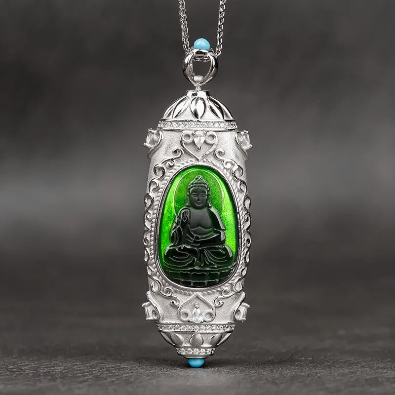 Natural Black Jadeite Pendant Emeralds Zodiac patron Saint S925 Silver Buddha Pendant Ink Jade Pendant with Chain Certificate