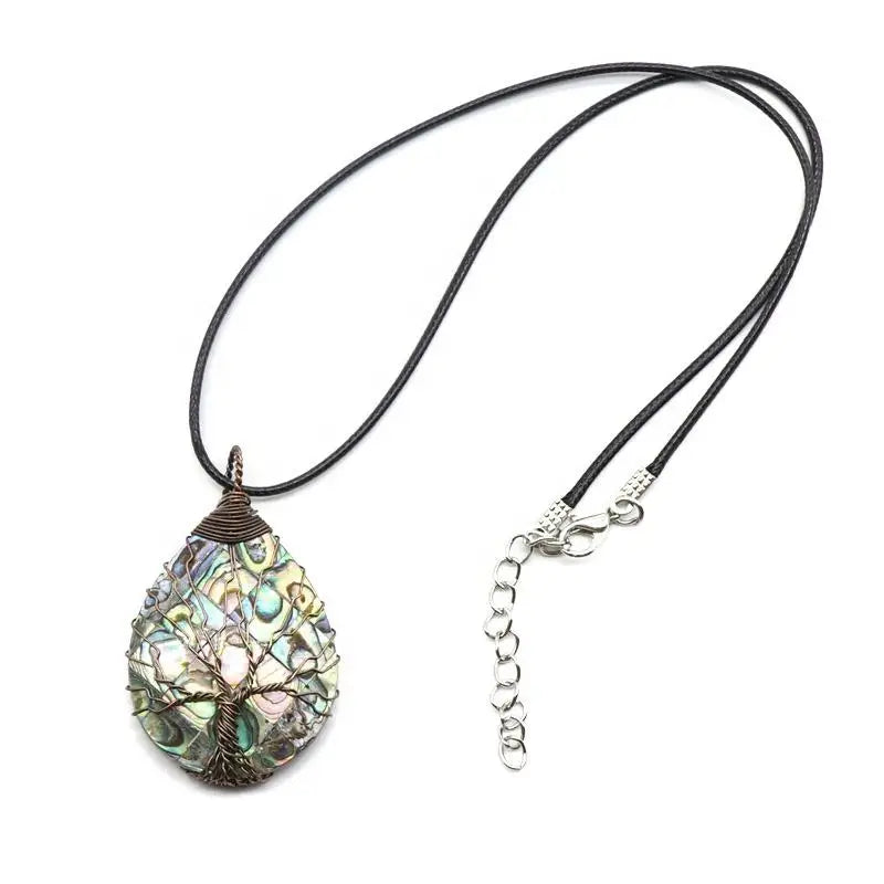 Abalone Shell Drop Pendant Black Leather Chain Handmade Antique Brass Wrap Wire Teardrop