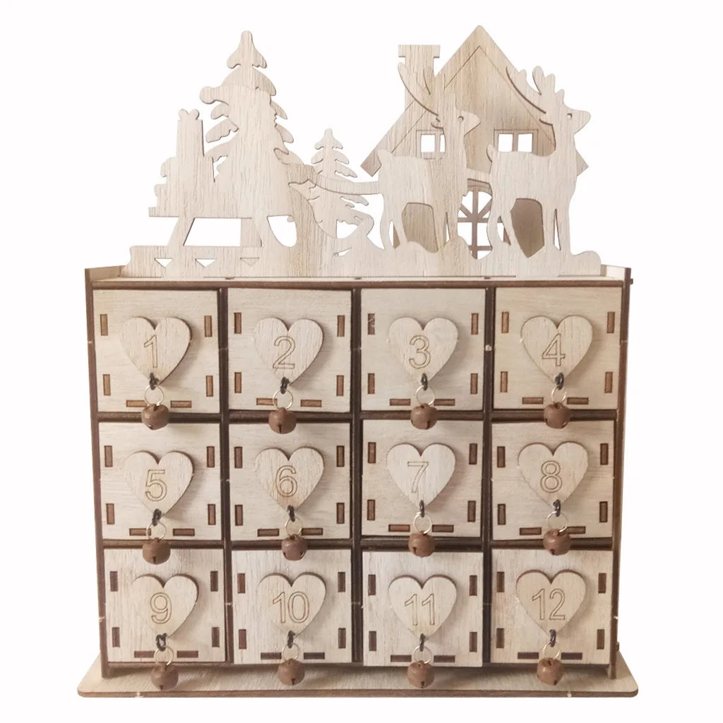 JM-664 Christmas Wooden Advent Calendar House with 24 Large Drawers for Christmas Countdown Decoration