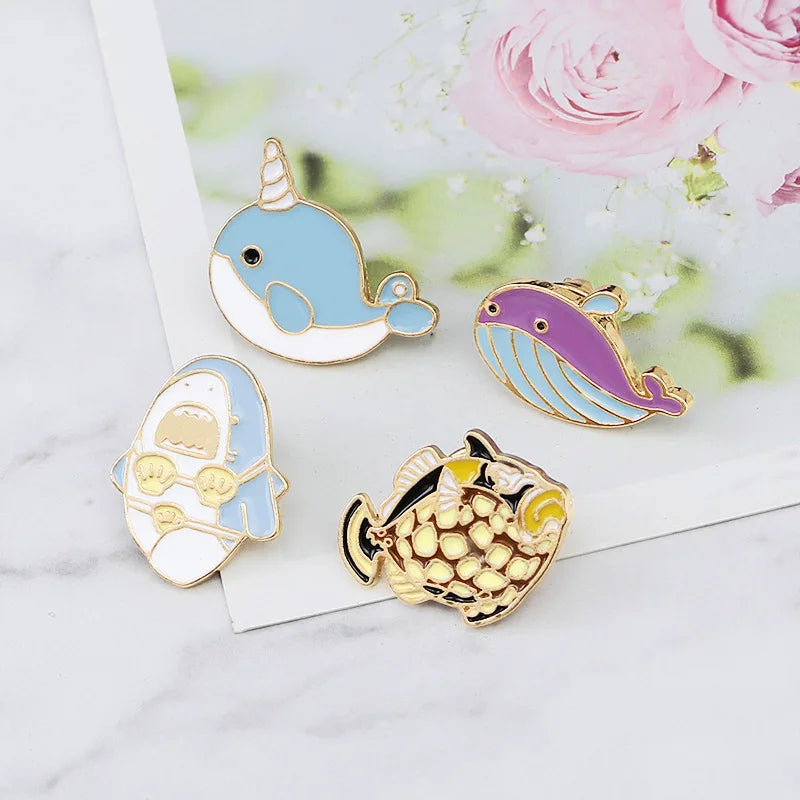 Ocean Marine Life Animals Brooch Fish Dolphin Shark Pufferfish Enamel Pin Cartoon Lovely Cute Badge Jewelry Gifts for Friends