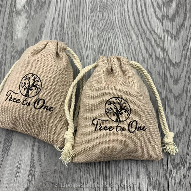Small Brown Cotton Linen Gift Jewelry Pouch With Cotton String Biodegradable Cotton Fashion Earrings Pouch