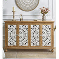 INNOVA HOME Farmhouse Rustic Eco Friendly Dining Room Large Hand Carved Door Natural Wood Sideboard Cabinet for Kitchen & Entry