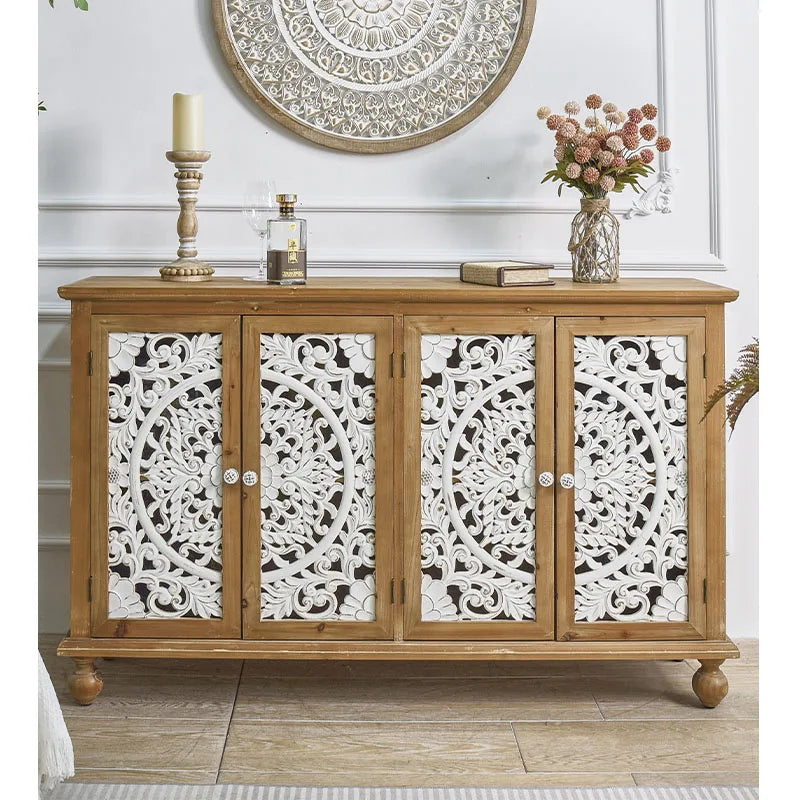 INNOVA HOME Farmhouse Rustic Eco Friendly Dining Room Large Hand Carved Door Natural Wood Sideboard Cabinet for Kitchen & Entry