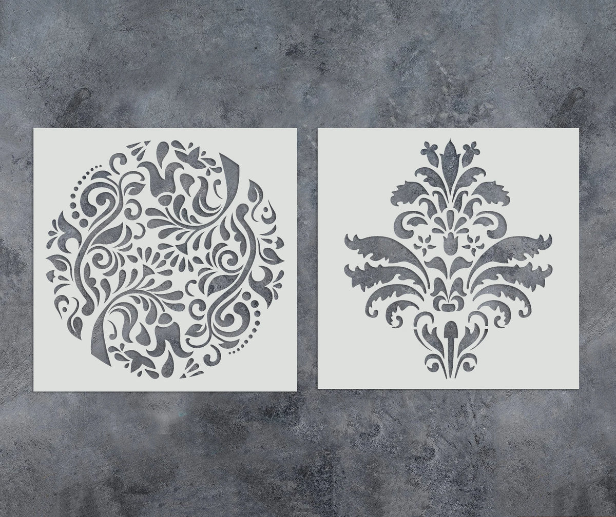 Damask Stencils Set of 2 Reusable PET Ornate Floral Templates Eco-friendly Durable for Painting on Walls Wood Fabric Home Decor