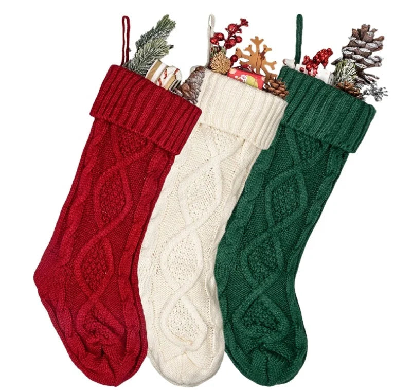 Unique Large Size 100% Acrylic Eco-Friendly Knit Christmas Stockings 18 Inches Cable Knitted Rustic Decorations