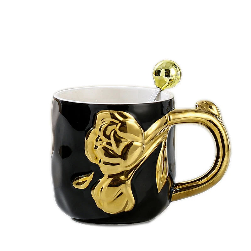15OZ Creative Electroplated Rose Flower Relief Ceramic Coffee Mug with Lid Home Office Embossed Flower Drinking Cup with Spoon