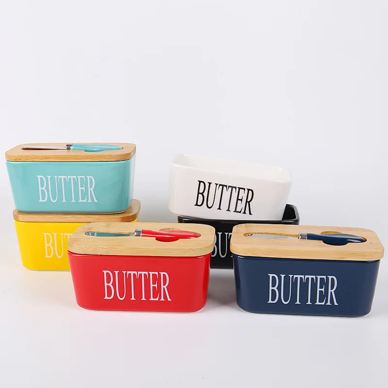 European Style Restaurant Kitchen Ceramic Butter Keeper Butter Storage Container French Wooden Lid Ceramic Butter Dish