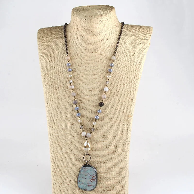 Fashion Ethnic Jewelry 8MM Natural Stone Crystal Glass Chain Necklace Irregular Stone Charm Necklace