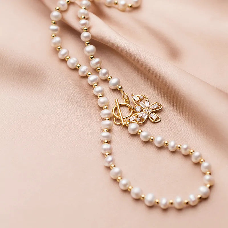 Luxury Natural Freshwater Pearl Chain 925 Sterling Silver Zircon Butterfly OT Buckle Choker Necklace