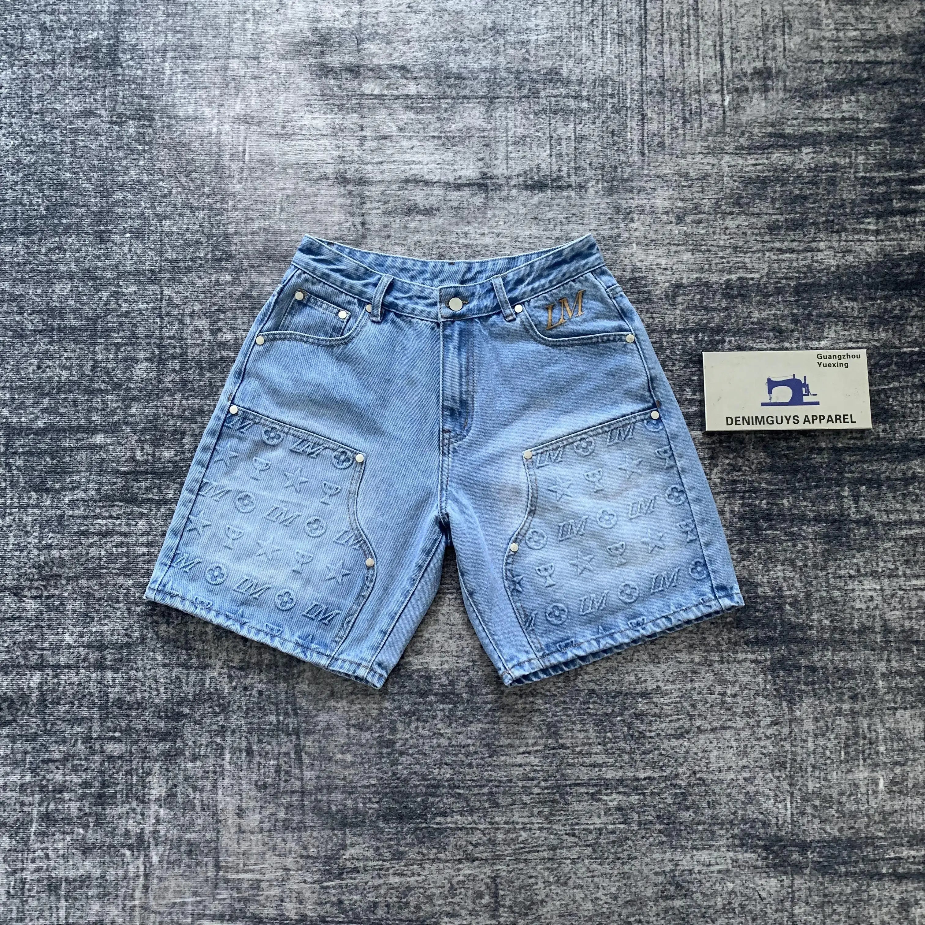 DENIMGUYS Custom Men's Streetwear Emboss Carpenter Denim Shorts Fashion Vintage Baggy Acid Wash Cargo Jorts for Men