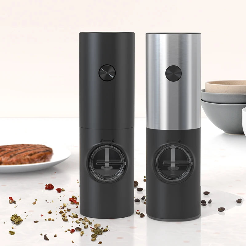 Spice Gravity One Hand Operation Black Adjustable Coarseness Automatic Electric Salt and Pepper Shaker Grinder With Led Light