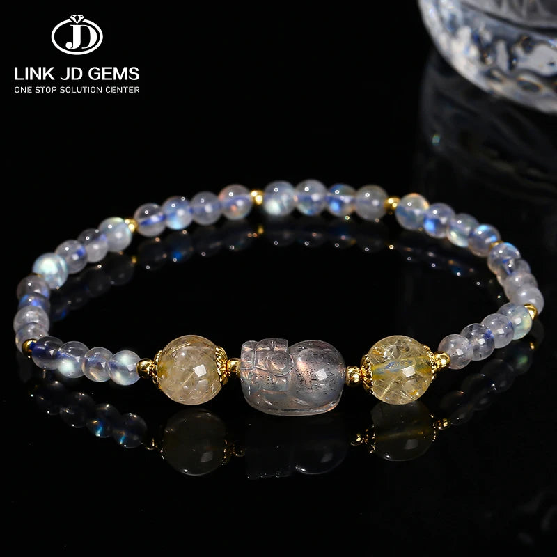 JD Women Fashion Imitation Labradorite Energy Wealth Charm Bangles Couple Wrist Gift Natural Gray Moonstone Bead Pixiu Bracelet