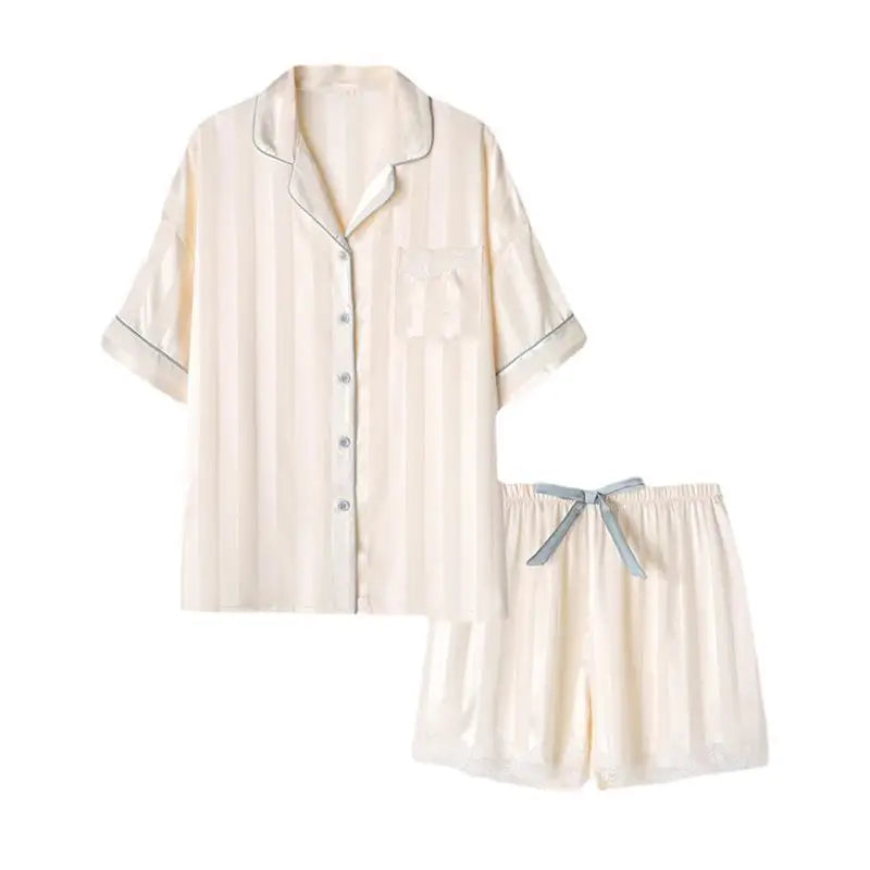 New Arrival Summer Striped Pajamas Female Ice Silk Short Sets Lace Deco Women Satin Silk Home Clothes Set With Embroidery