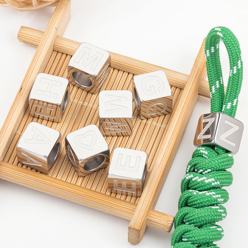 In Stock/support Custom Stainless Steel Square Spacer Cube Bead Charm with A-Z Letters Heart Engraving Jewelry Finding Accessory