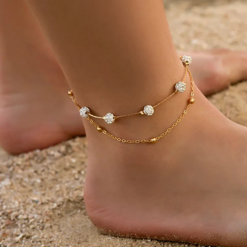 Fashion Double-layer Anklet Diamond Ball Crystal Anklet Women Simple Beach Anklet Jewelry