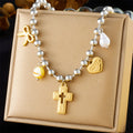 Trendy New Tarnish Free Stainless Steel Beads Chain Heart Bow Cross Eye Charm Necklace Multi Charm 18k Pvd Gold Pendant Necklace