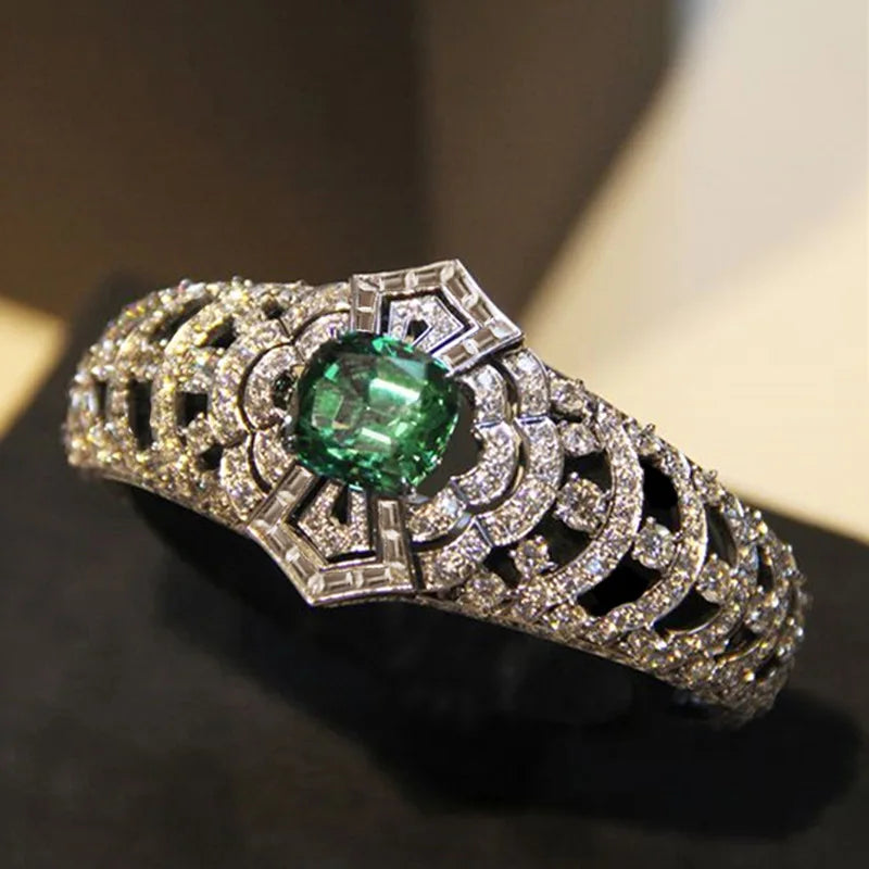 CAOSHI OEM Luxury Geometric Design Green Crystal Zircon Hollow Band Rings for Fashion Banquet Women Wedding Silver Plated Rings